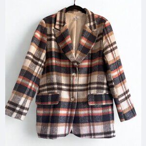 Oversized Plaid Blazer Jacket Neutral Academia Pattern with Pockets Size 10